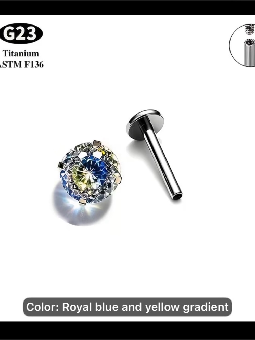 Titanium Labret Stud with Royal Blue to Yellow Gradient Gem